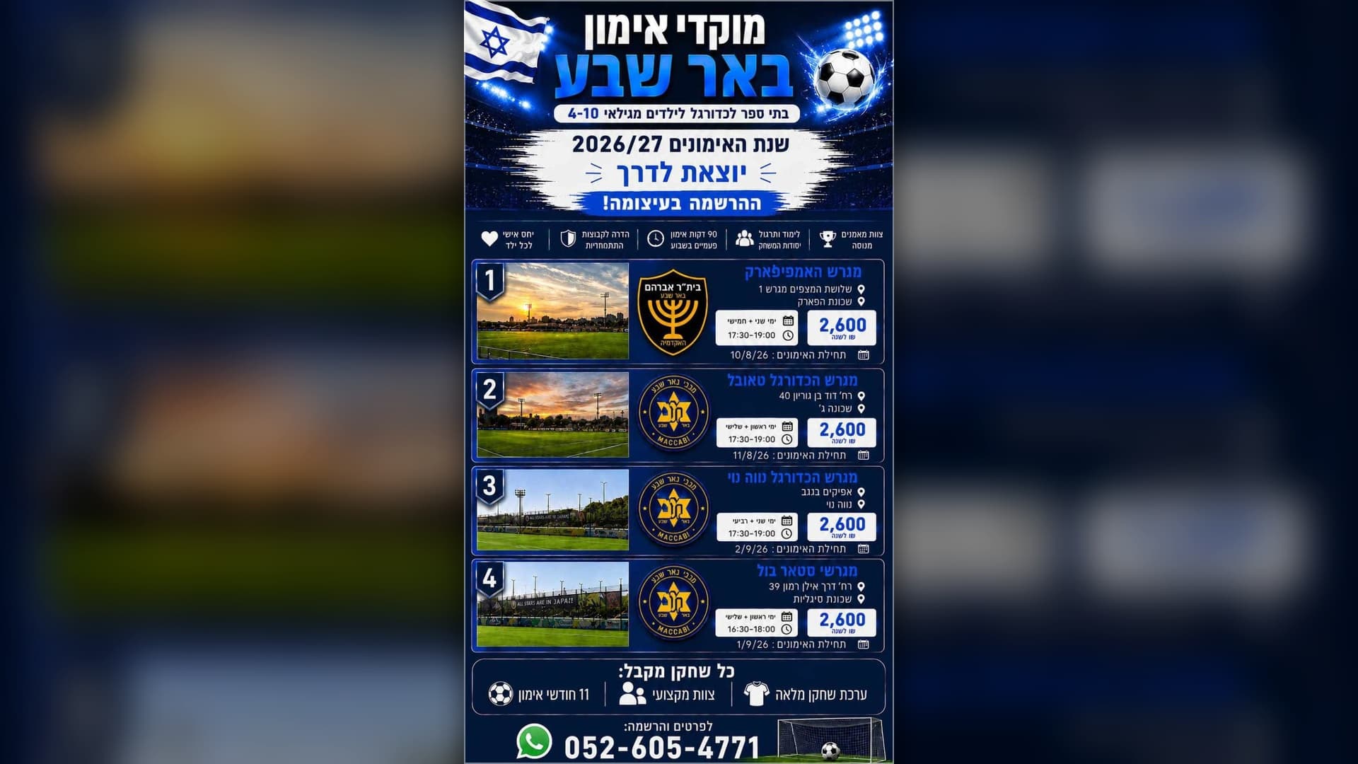 מוקדי אימון באר שבע לעונת 2026/27 — ארבעה מגרשים עם ימים, שעות ומחירים